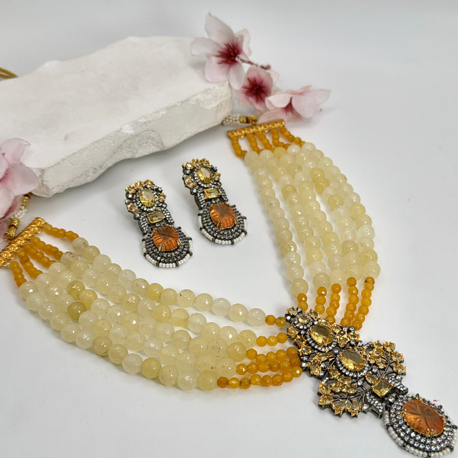 Yellow Sabya Inspired Multi Stone Necklace Set
