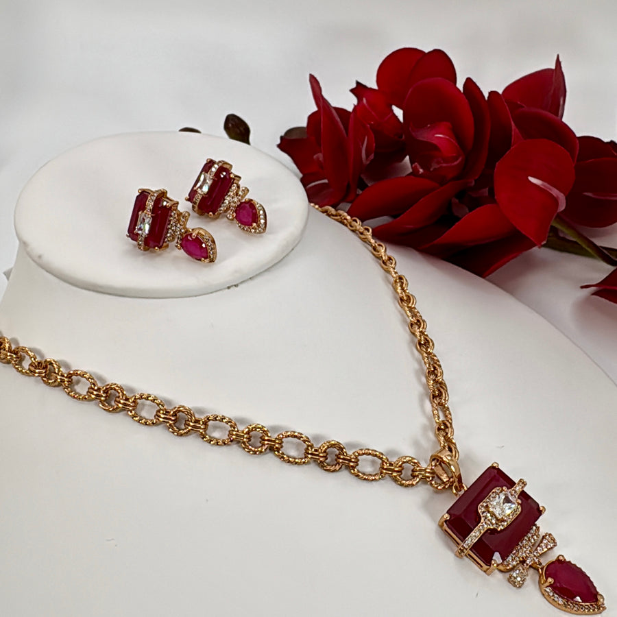 Ruby Doublet Dainty Pendant Necklace Set