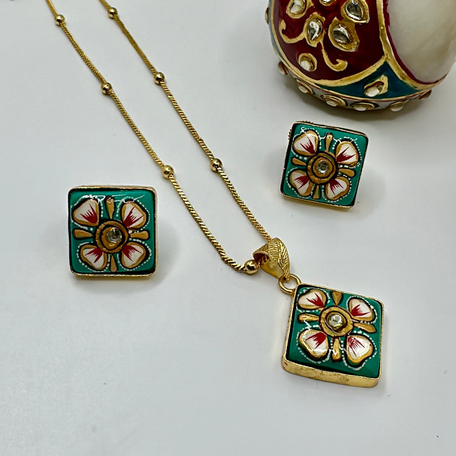 Turquoise Tanjore Pendant Set