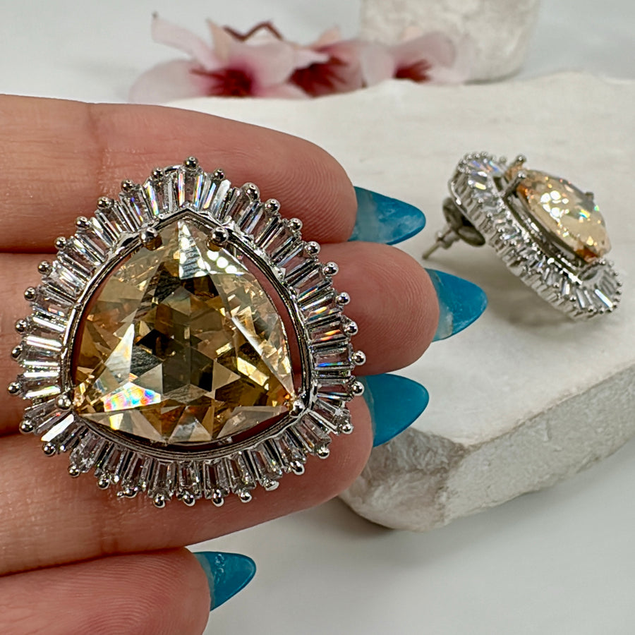 Champagne Swarovski Crystals & Baguette American Diamonds Cubic Zirconia Stud Earrings
