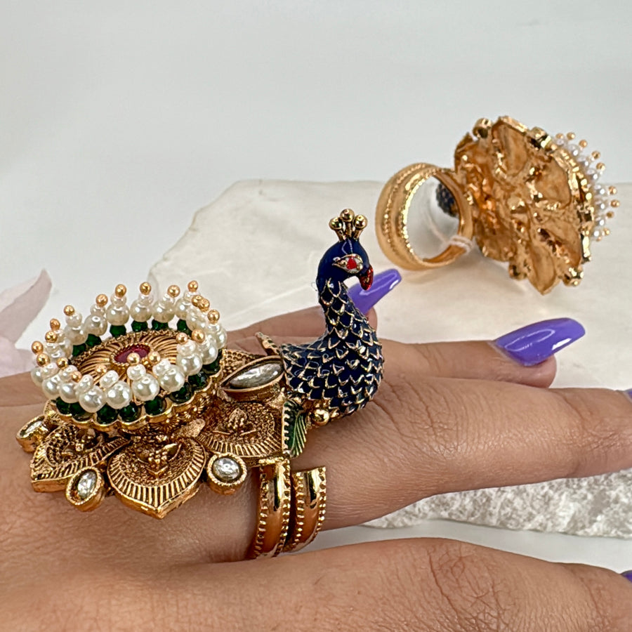 Ruby Blue Meenakari Kundan Peacock Adjustable Finger Ring