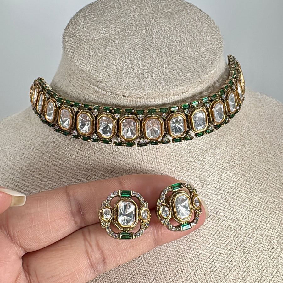 Green Dainty Polki Kundan Choker Necklace Set