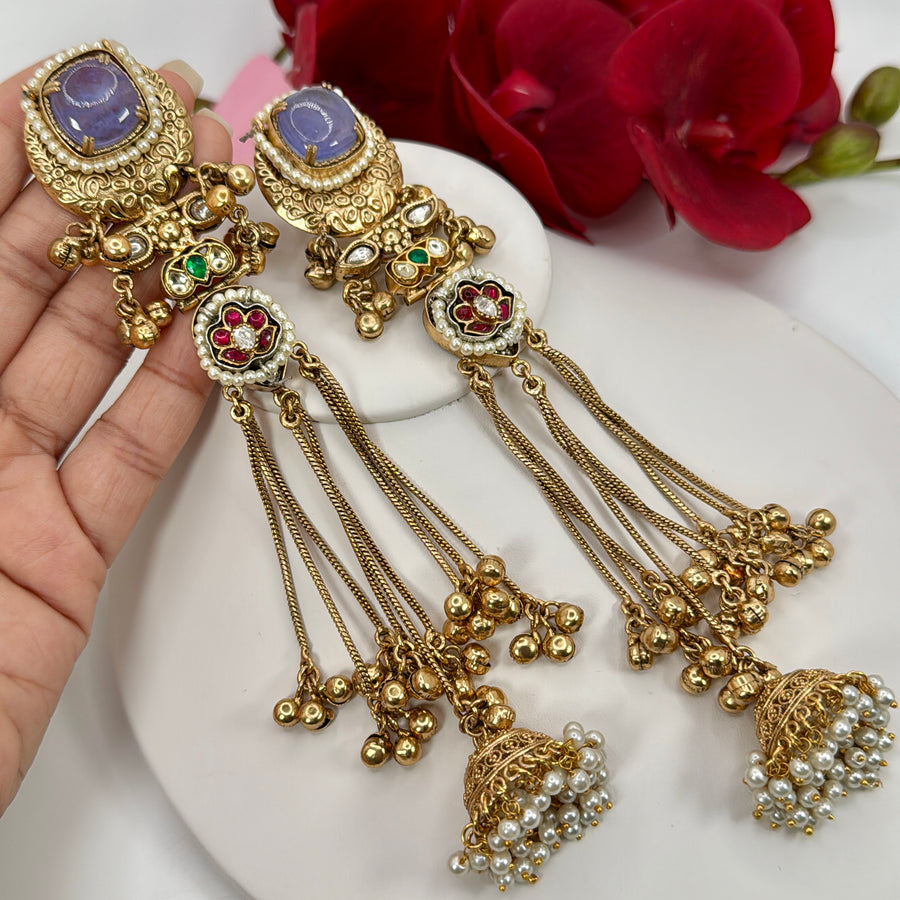 Purple Long Silver Lookalike Gold Kashmiri Earrings