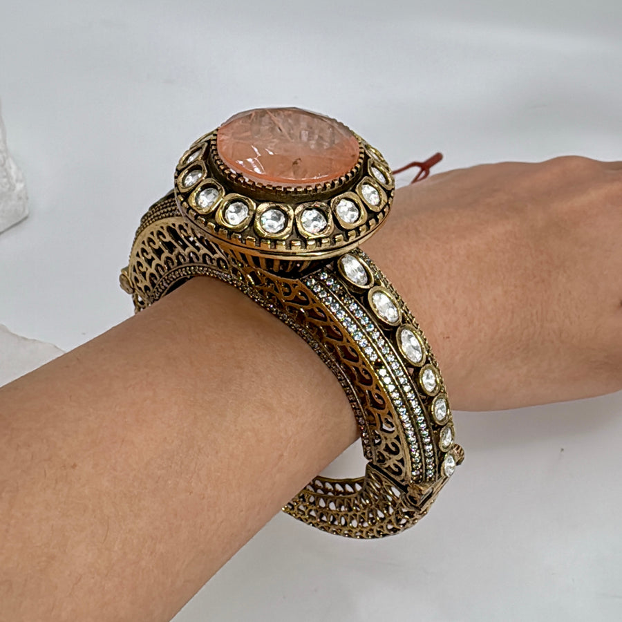 Peach Doublet Kundan Moissanite Statement Openable Bangle( Fits Size 2.2-2.6)