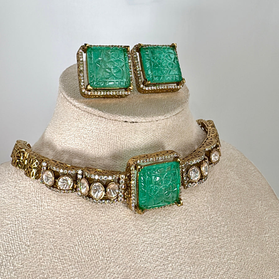 Mint Carved Doublet Moissanite Choker Necklace Set