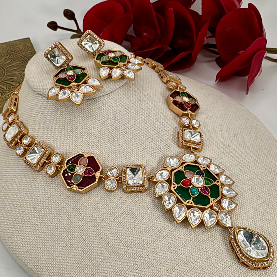 Multi Moissanite Glass Stone With Inlay Work Necklace Set