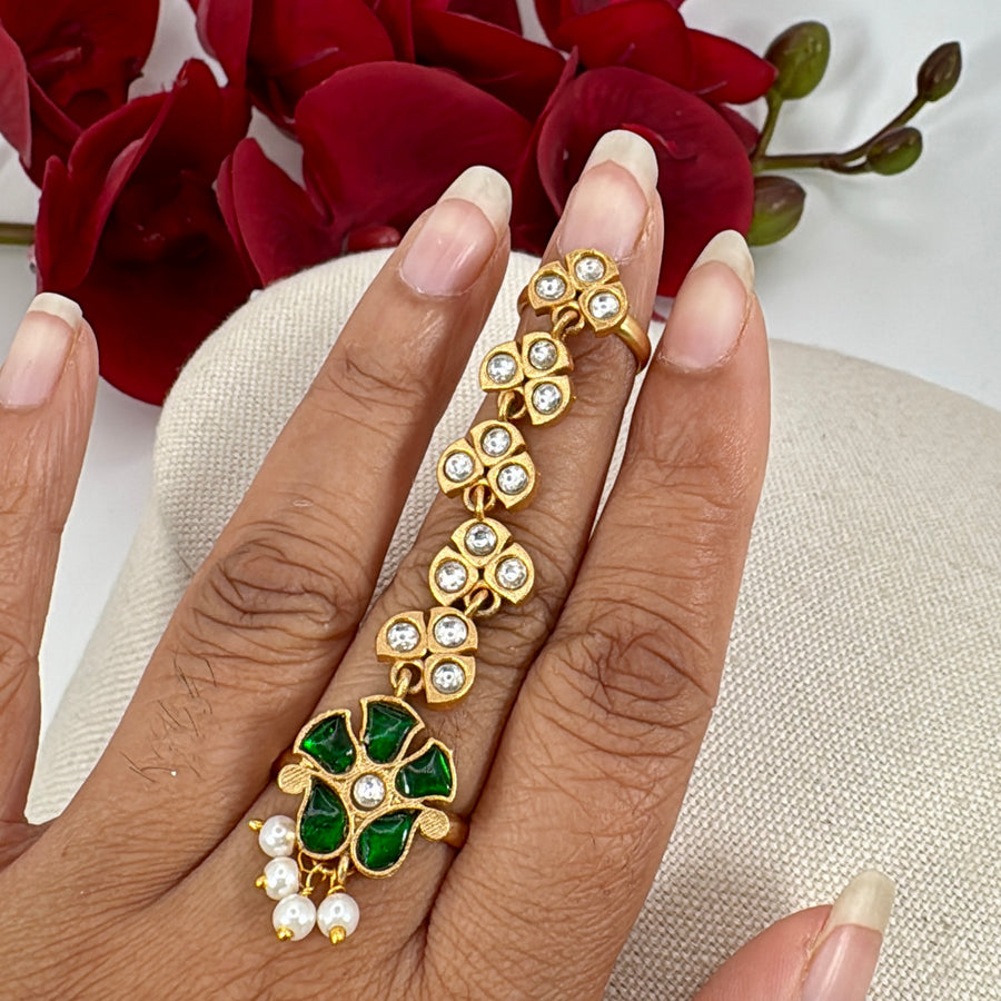 Green Paachi Kundan Long Two Loop Adjustable Finger Ring