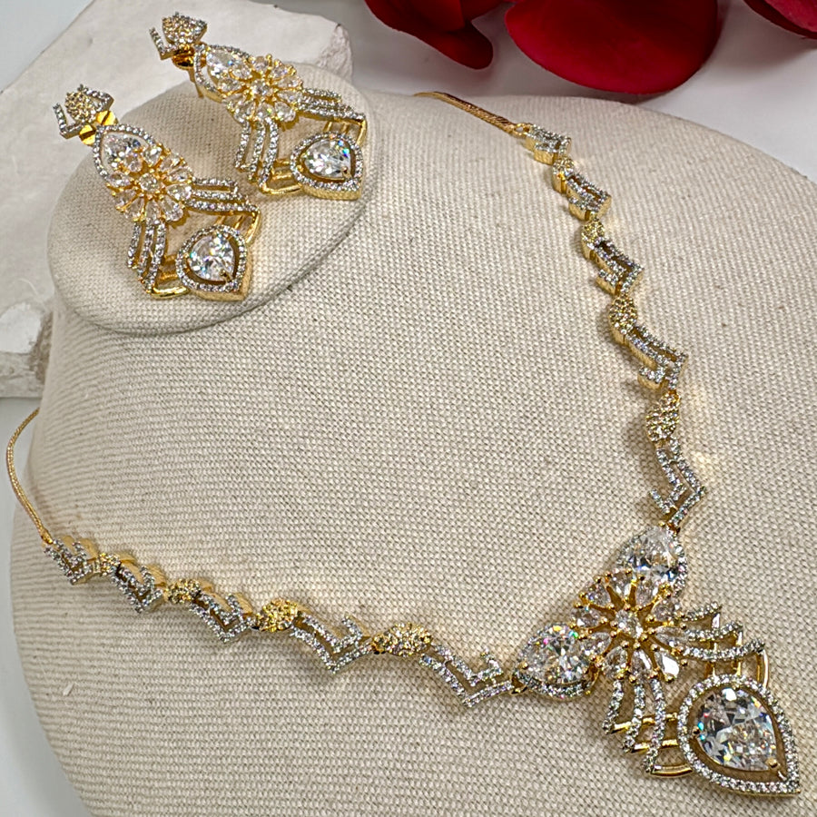 Clear AAA Cut Cubic Zirconia 24 Gold Plated Tanishq Inspired Necklace Set
