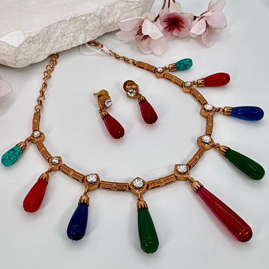 Multi Silver Lookalike Natural Stones Gold Chic Dainty Necklace Set