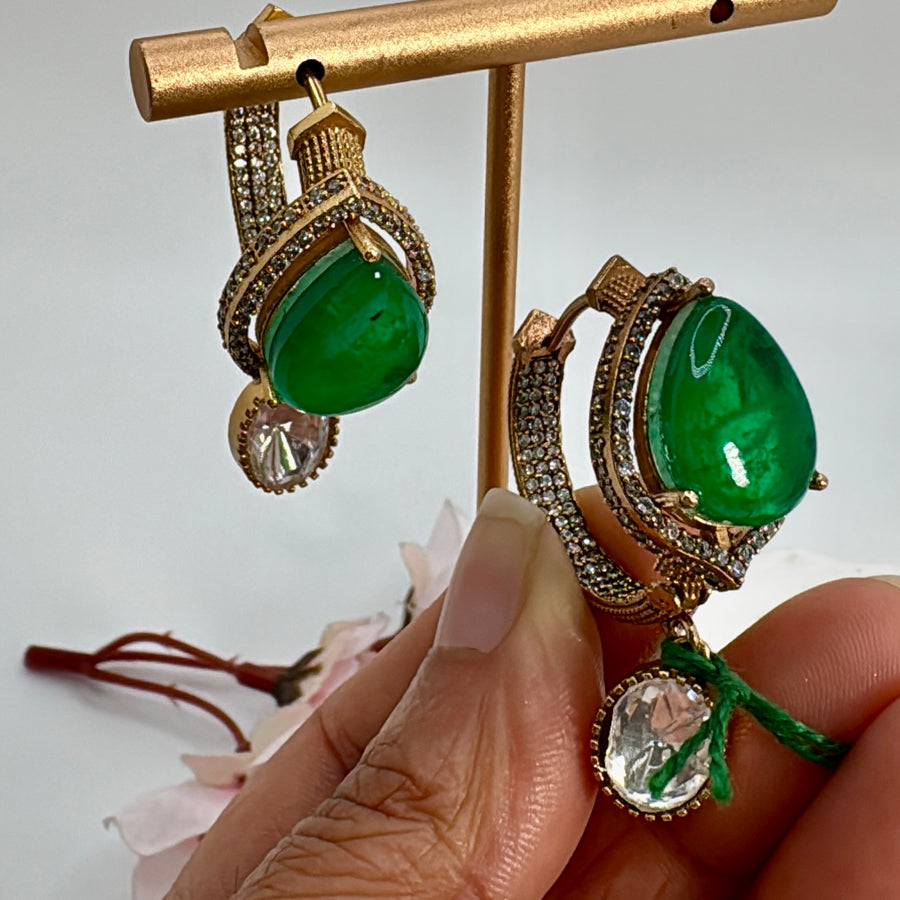 Green Doublet Moissanite Kundan Hoop Earrings