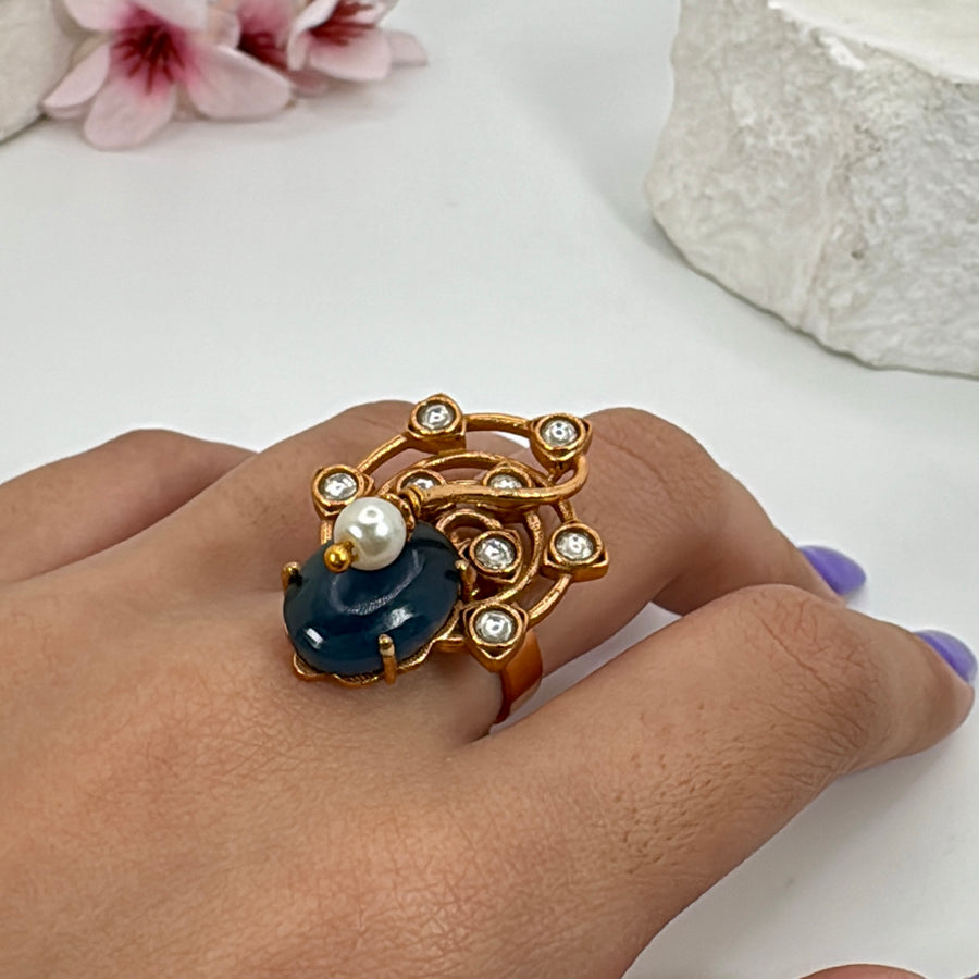 Blue Pearl Apala Inspired Adjustable Finger Ring