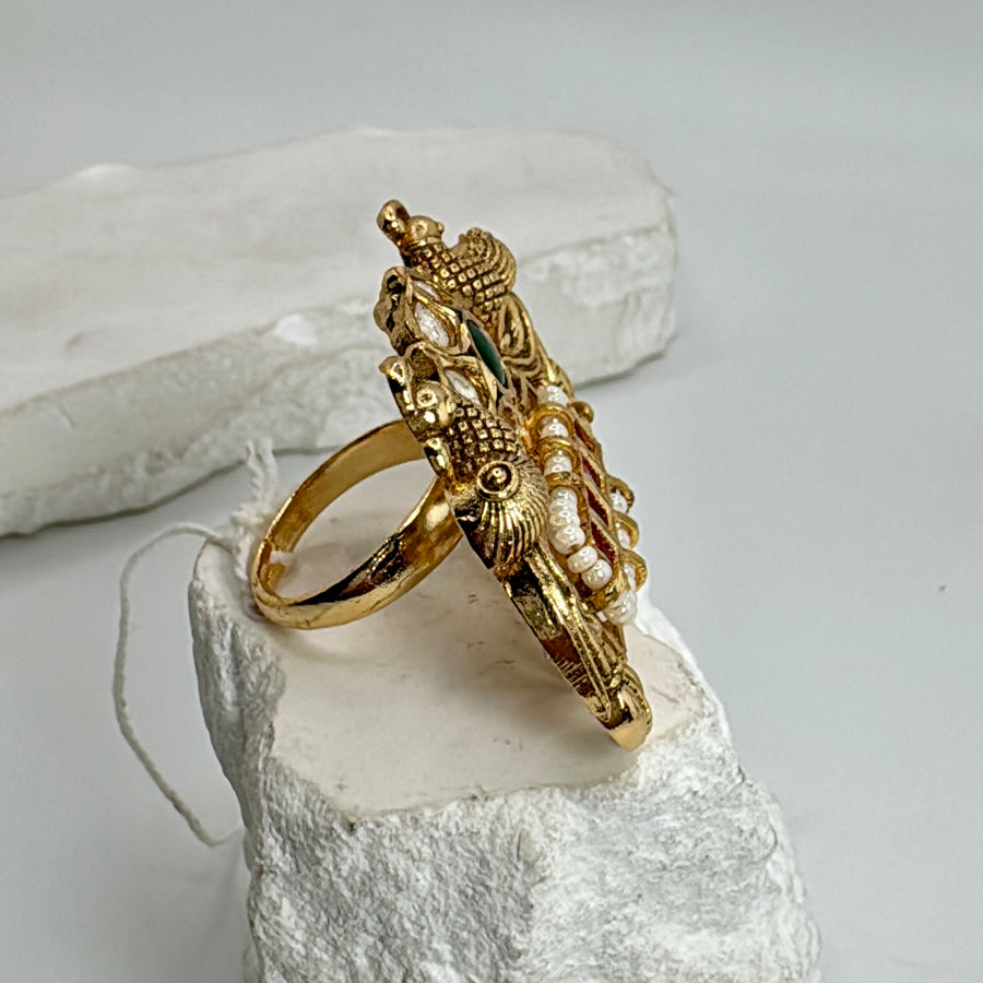 Multi Jadau Silver Lookalike Gold Adjustable Finger Ring