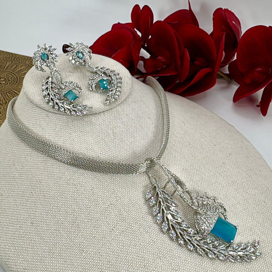 Turquoise AAA Cut Cubic Zirconia Rhodium Plated Statement Pendant Necklace Set