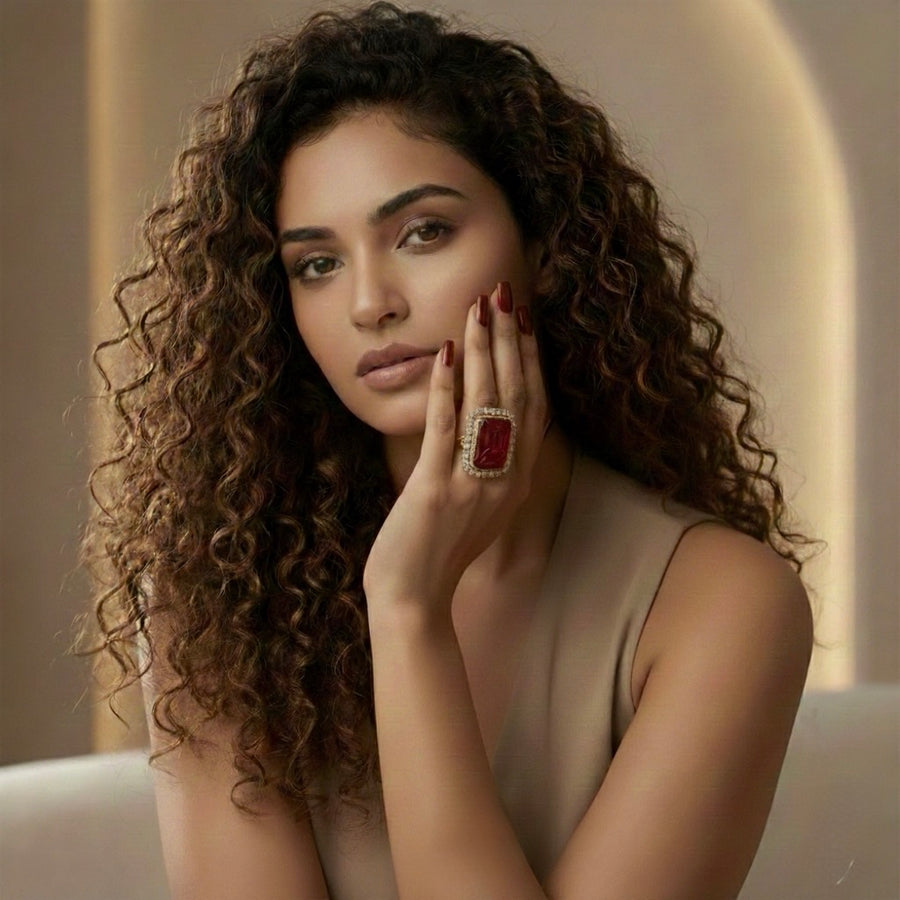 Ruby Carved Doublet & Moissanite Adjustable Statement Finger Ring