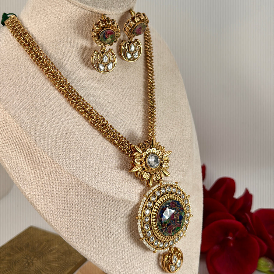 Multi Marble Doublet Antique Gold Pendant Necklace Set
