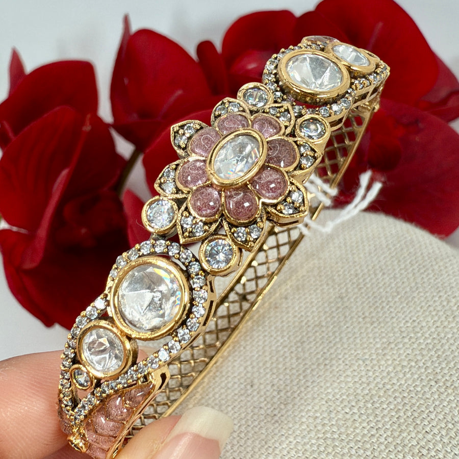 Pink Jadau Moissanite Adjustable Bangle(Fits Size 2.2 to 2.6)