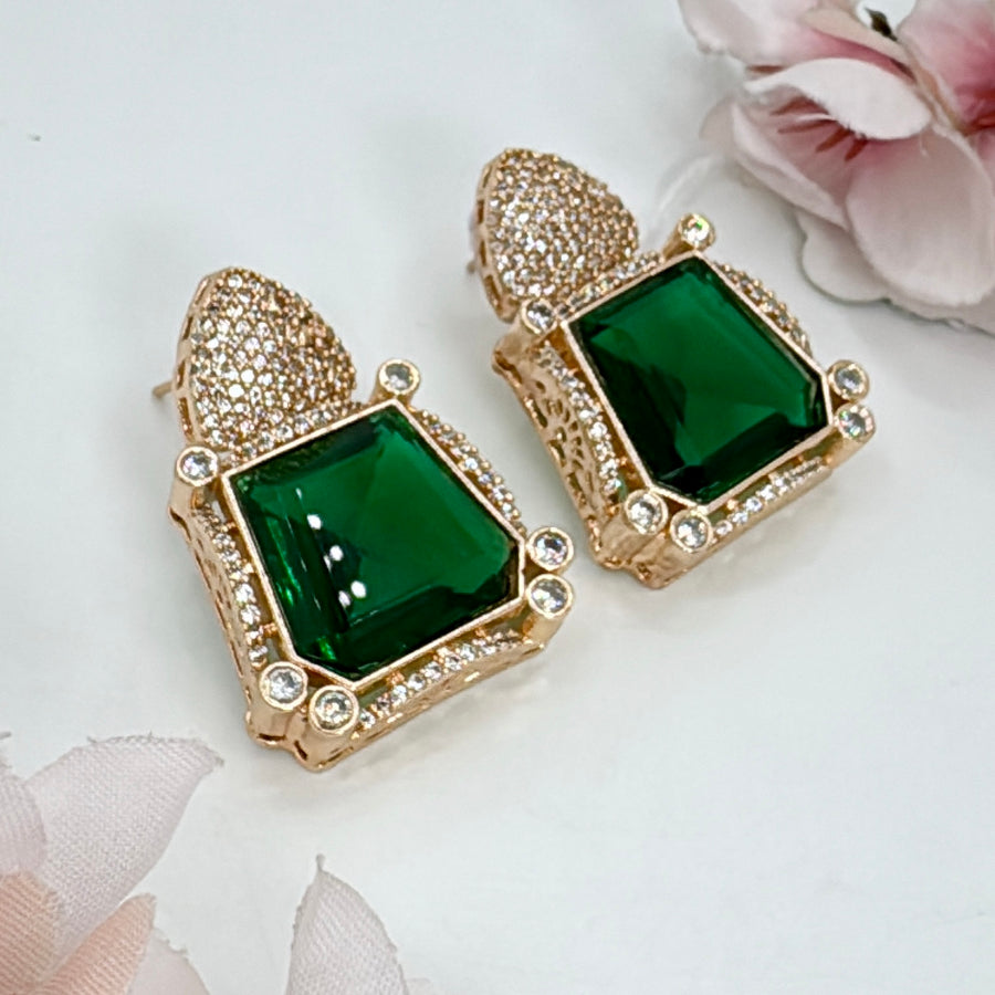 Green Invisible Setting American Diamonds Cubic Zirconia Stud Earrings