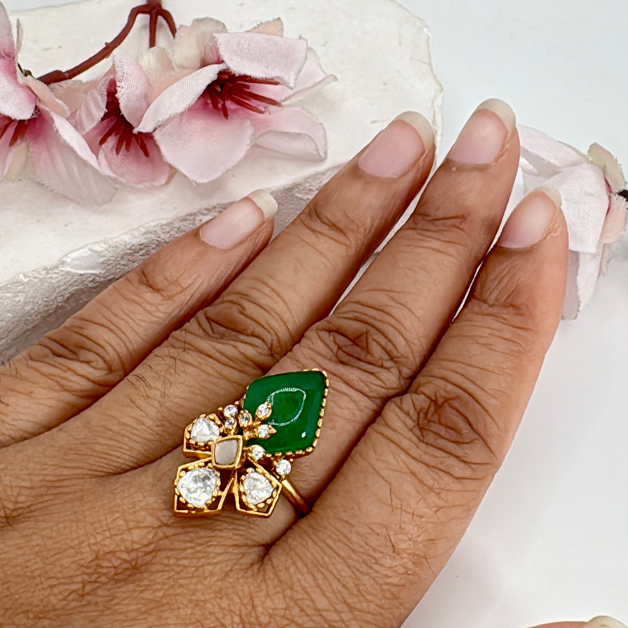 Green Doublet Moissanite Adjustable Finger Ring