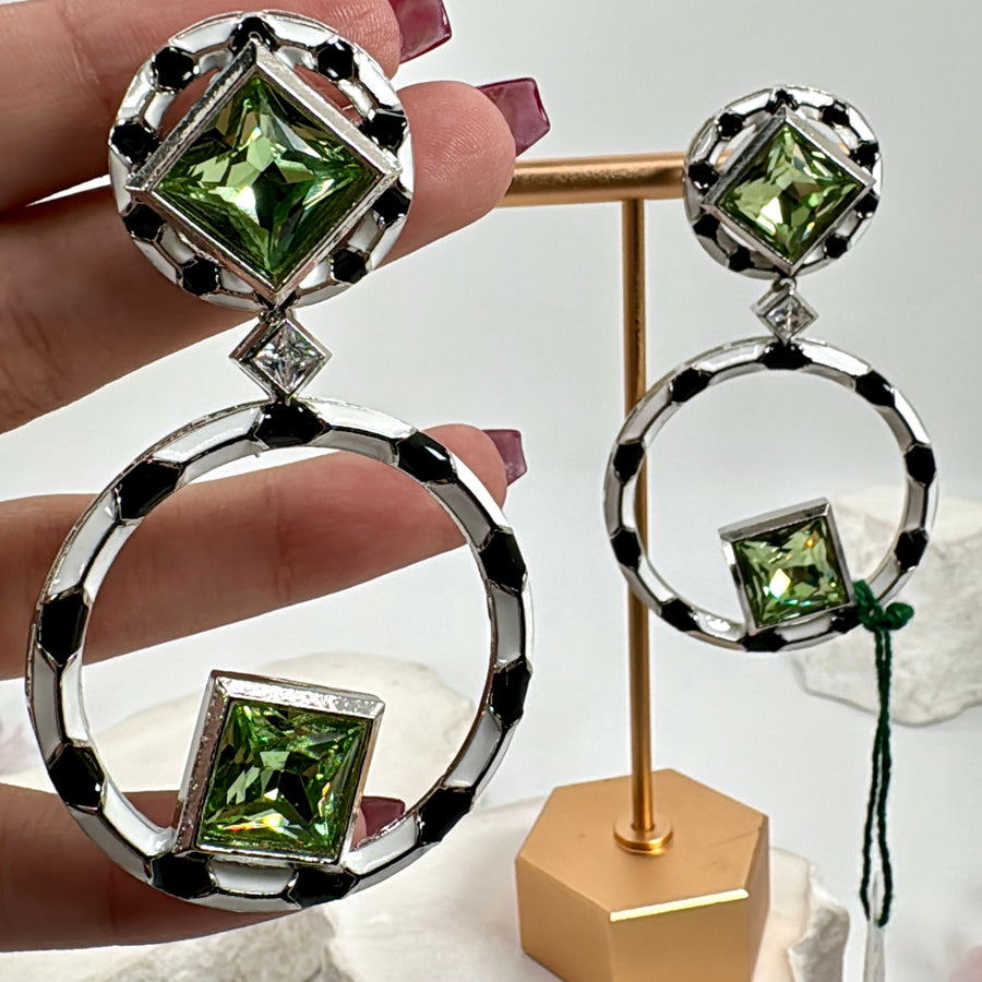Green Swarovski Crystal & White Enamel Chand Bali Earrings