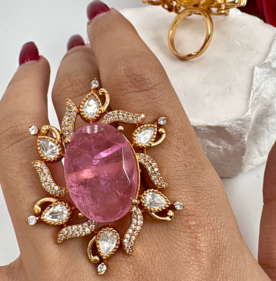 Pink Doublet Moissanite Statement Adjustable Finger Ring