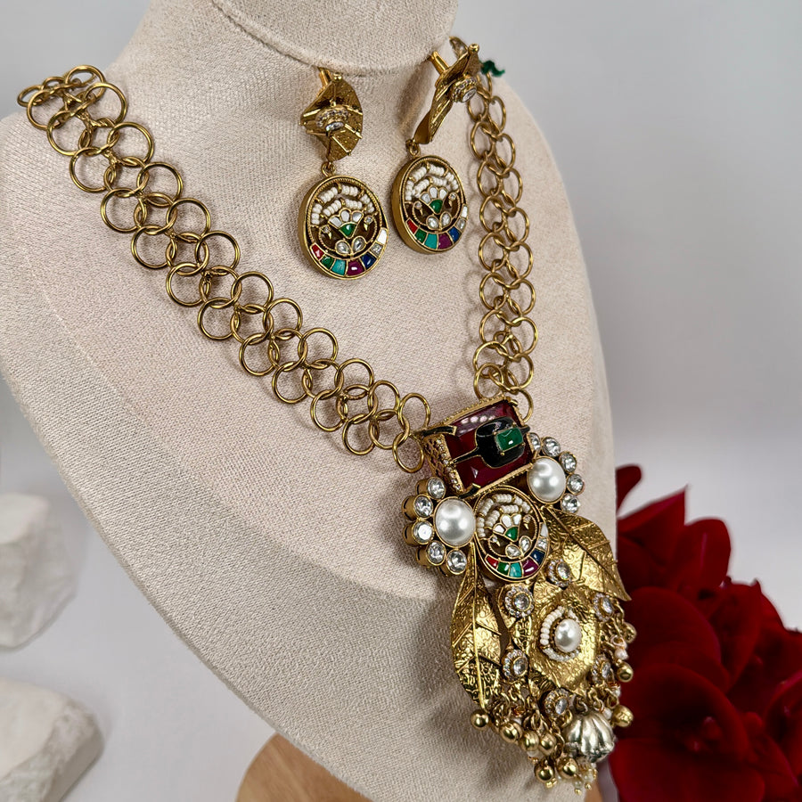 Ruby Silver Lookalike Gold Statement Long Necklace Set