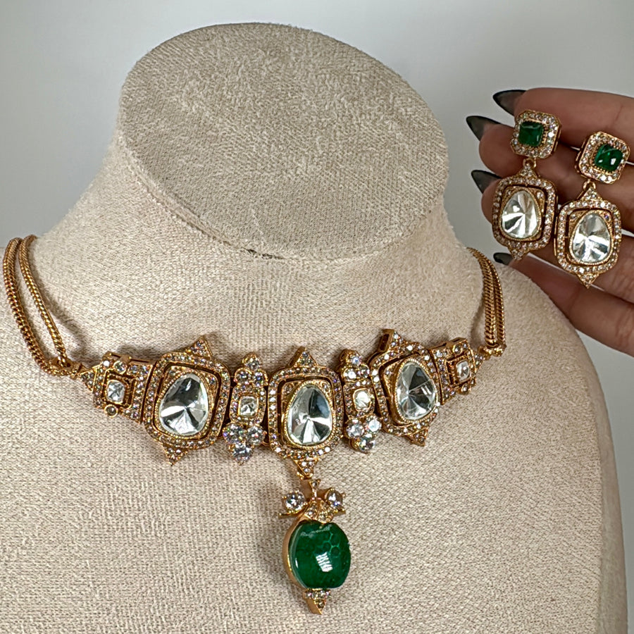 Green Doublet Moissanite Choker Necklace Set