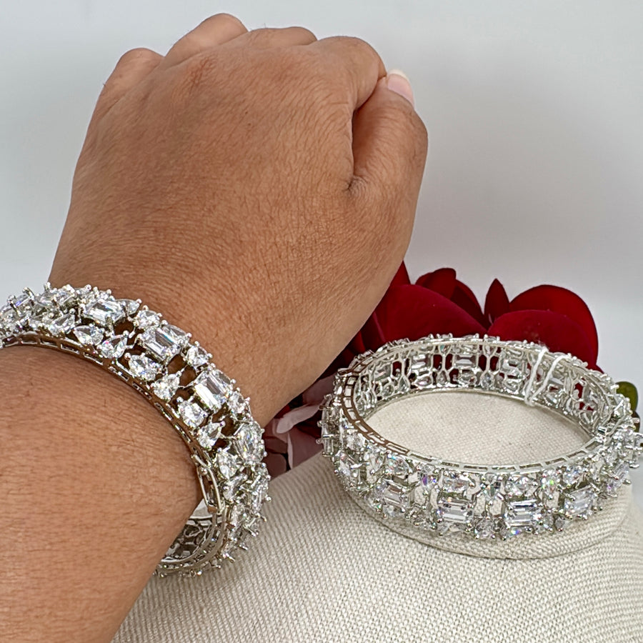 Clear Silver Cubic Zirconia Openable Bangle Pair(Size 2.4)