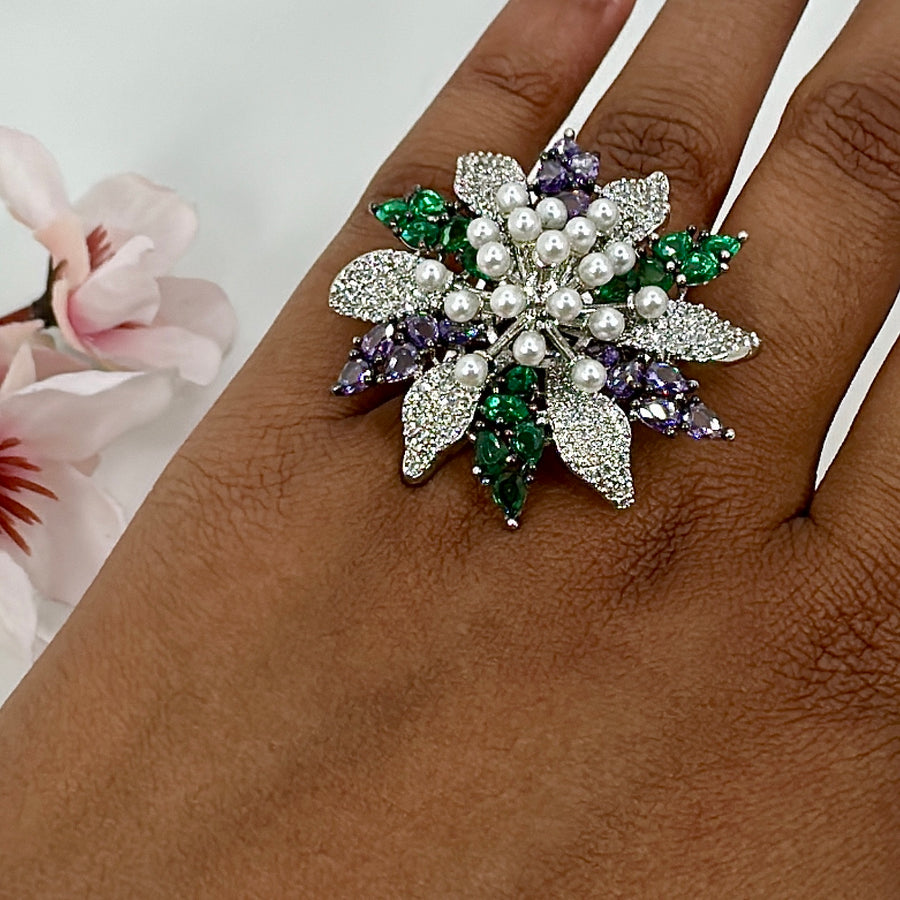 Green & Purple Invisible Setting Cubic Zirconia American Diamonds Pearls Adjustable Finger Ring