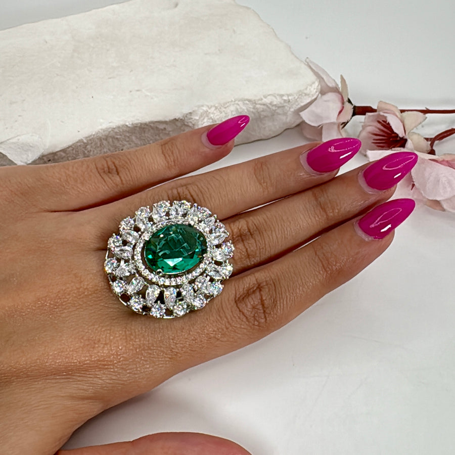 Teal American Diamonds Cubic Zirconia Adjustable Cocktail Finger Ring