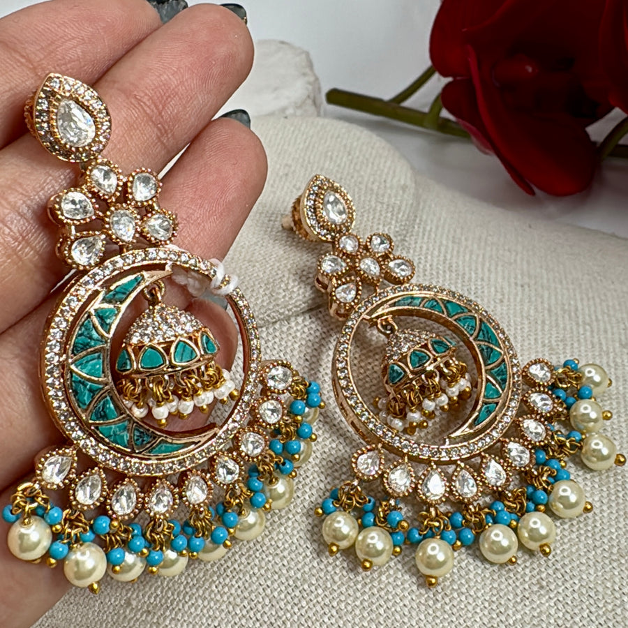 Turquoise Jadau Moissanite Chand Bali Earrings