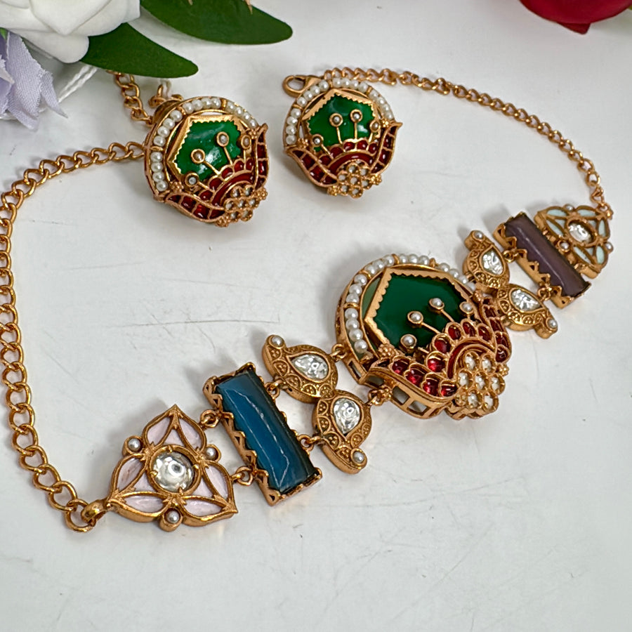 Green Multi Moissanite Apala Inspired Choker Necklace Set