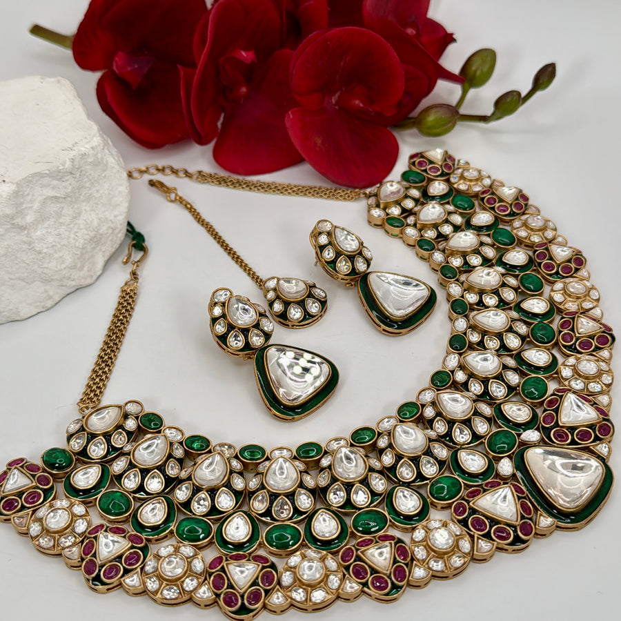 Green Ruby Kundan Statement Bridal Necklace Set
