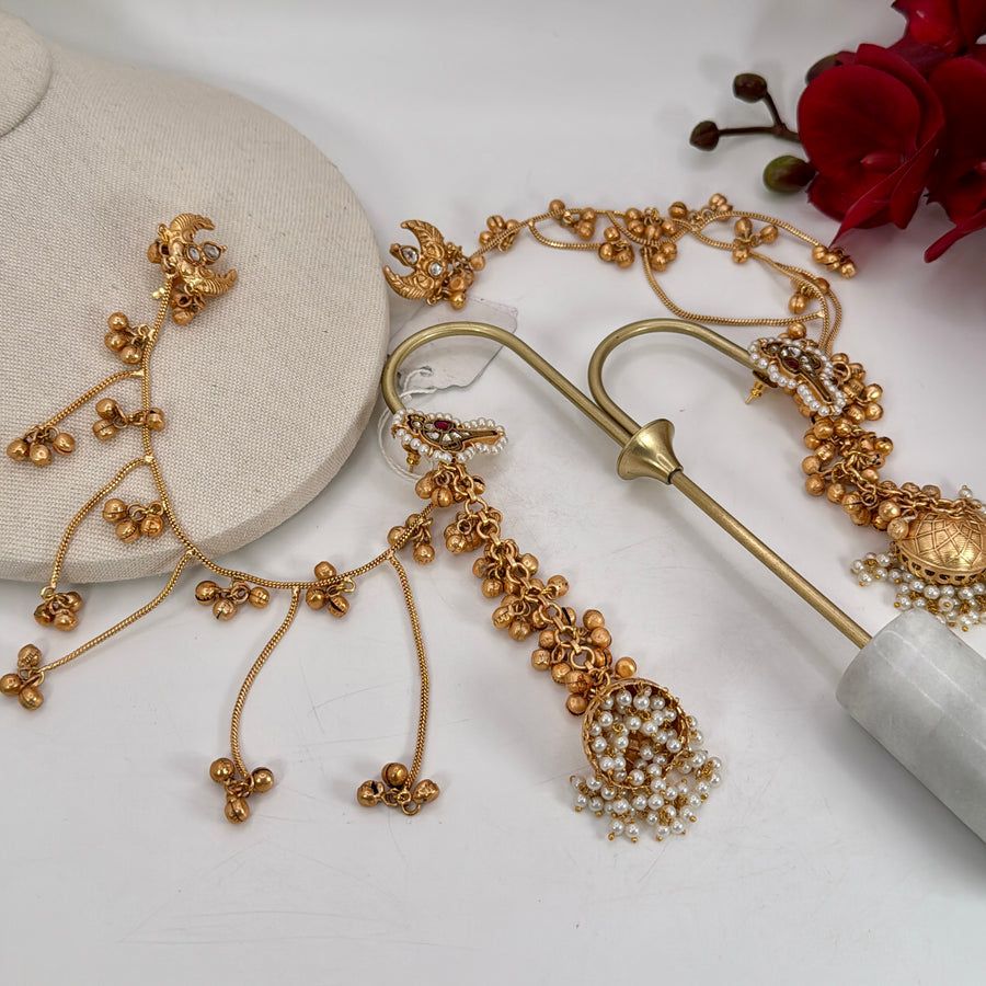 Multi Paachi Jadau Silver Lookalike Gold Long Jhumka Earrings With Ear Chains
