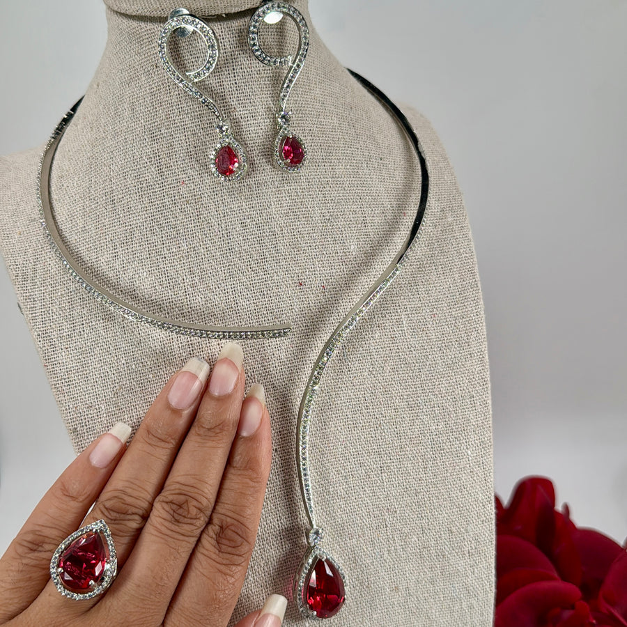 Ruby AAA Cut Cubic Zirconia Rhodium Plated Chic Necklace Set With Adjustable Finger Ring
