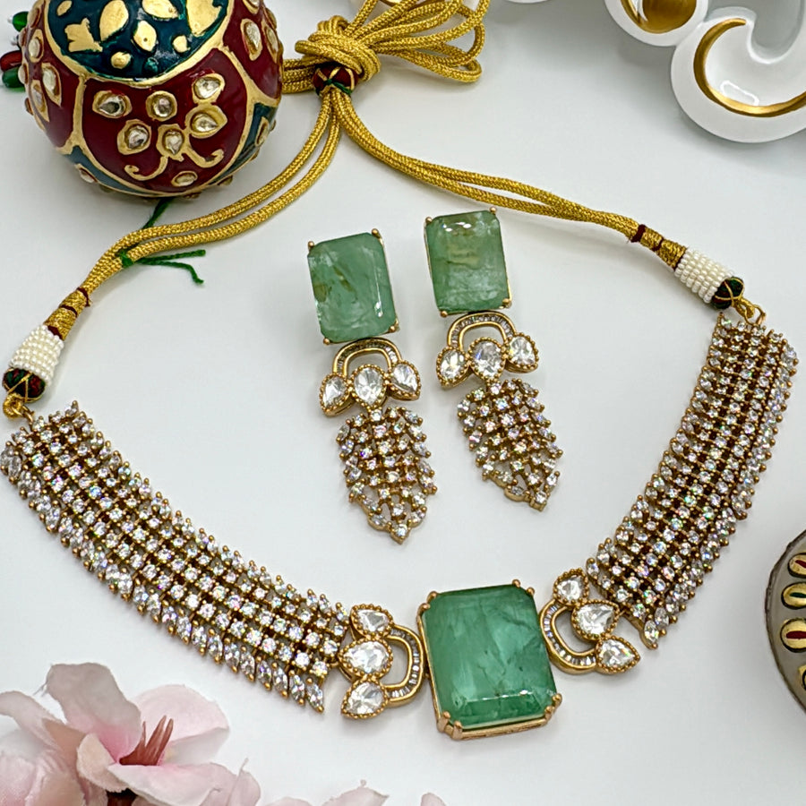 Mint Doublet American Diamonds & Moissanite Kundan Necklace Set