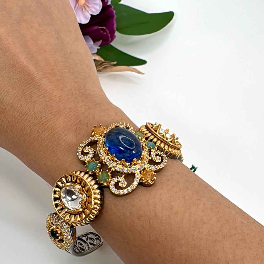 Blue Multi Marble Doublet Adjustable Cuff Bangle Gold & Victorian Polish (One Size Fits All)