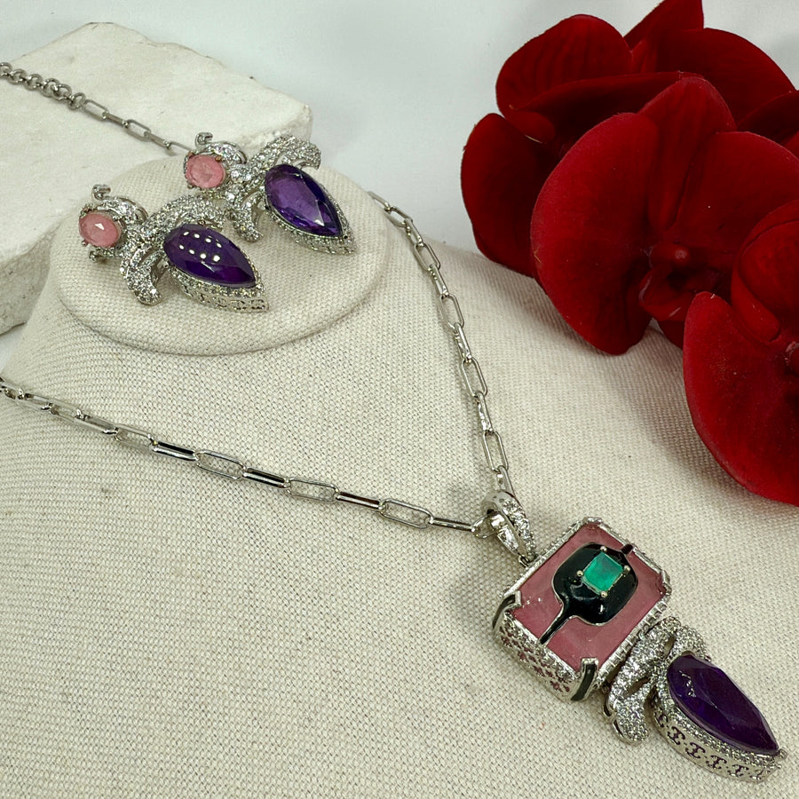Pink Multi Doublet Enamel Cubic Zirconia Pendant Necklace Set