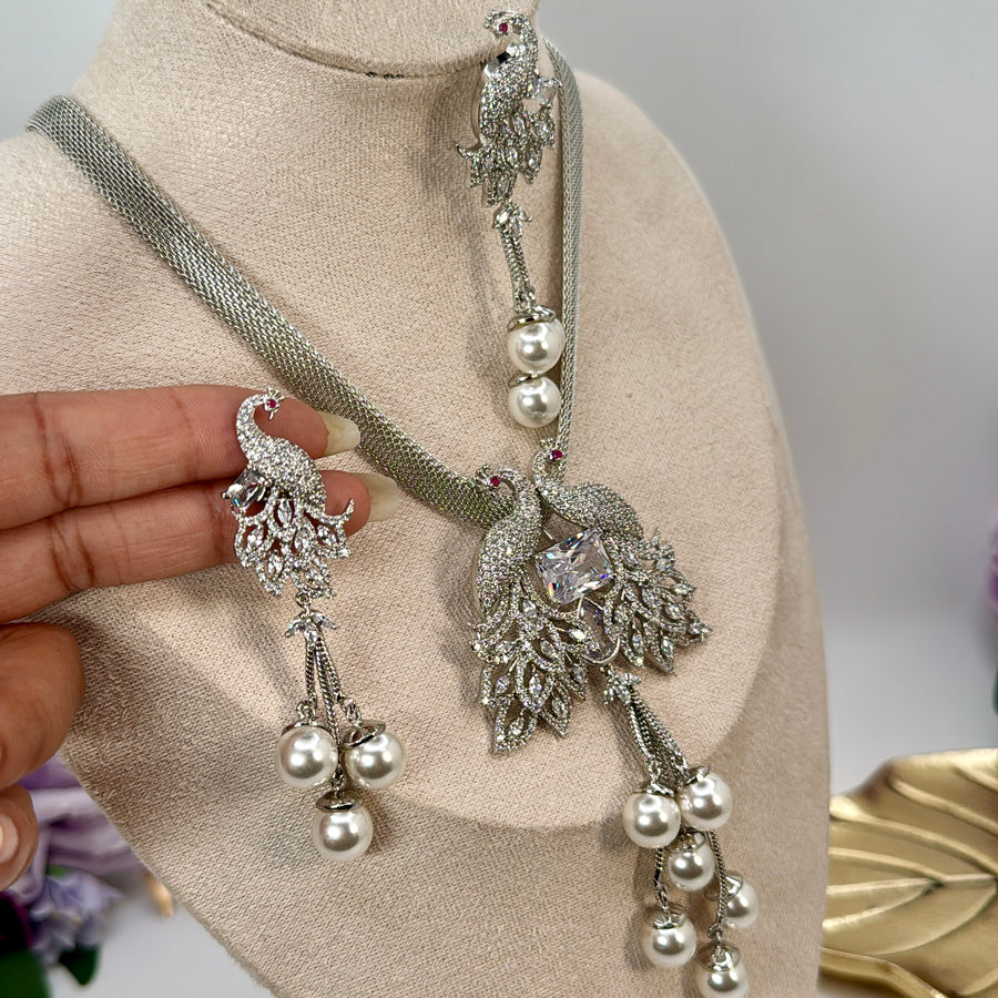 Clear AAA Cut Cubic Zirconia Pearl Pendant Necklace Set