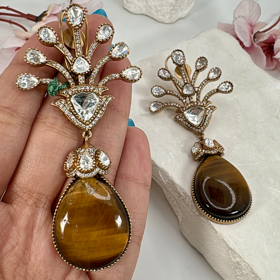 Brown Tiger Eye Stone & Moissanite Statement Earrings