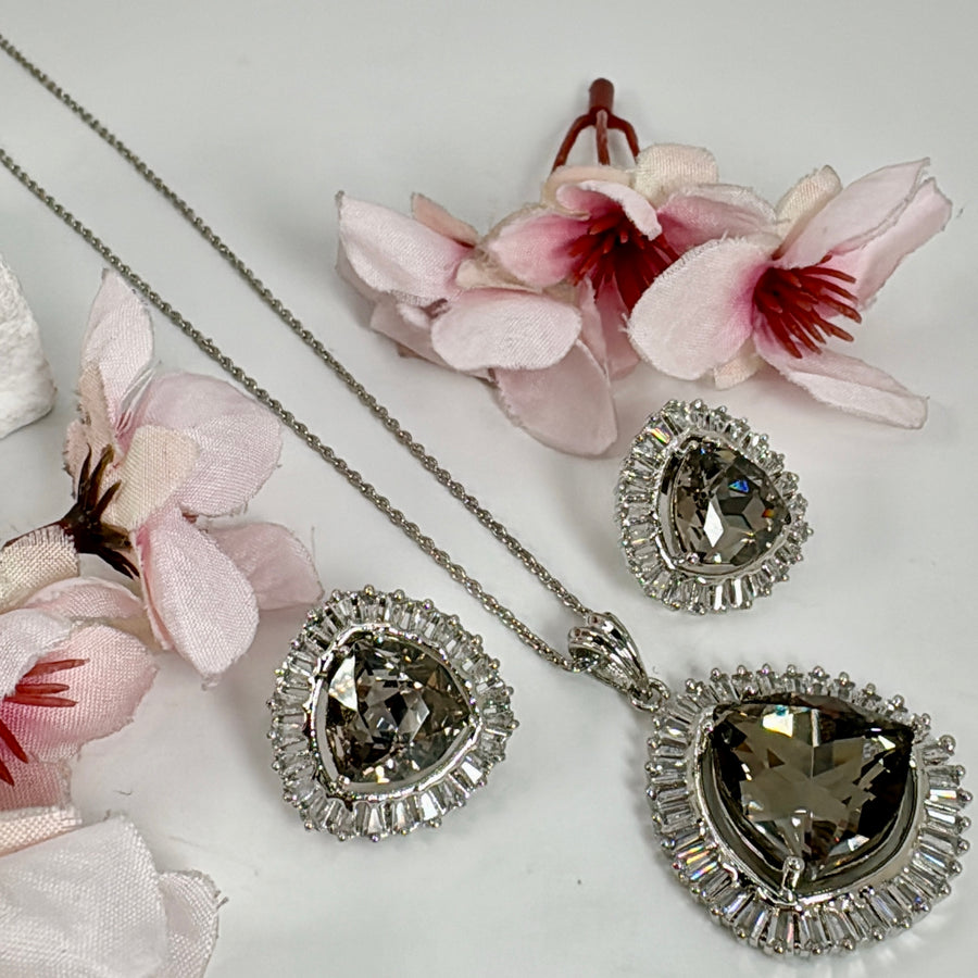 Black Carbon Swarovski Crystals American Diamonds CZ Pendant Necklace Set