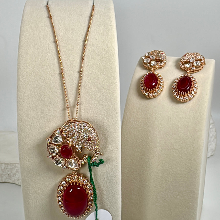Ruby Red Doublet Moissanite Elephant Pendant Necklace Set