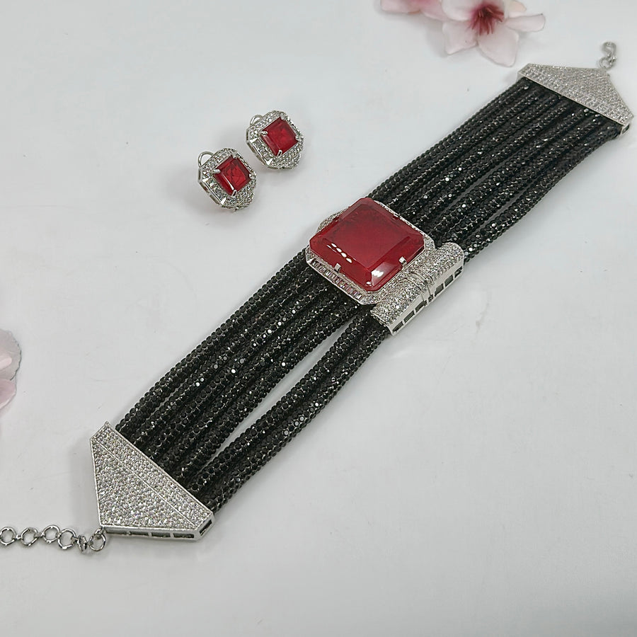 Black Doublet American Diamonds Cubic Zirconia Chic Choker Necklace Set