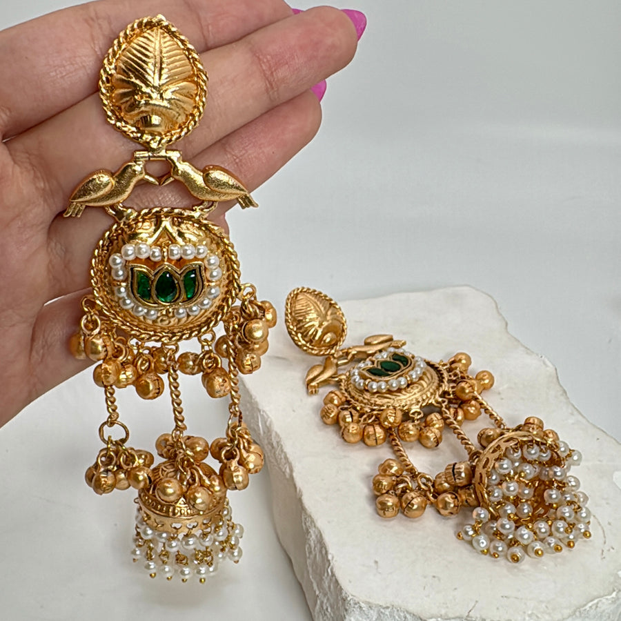 Green Silver Lookalike Gold Ghungroo With Paachi Motifs Jhumka Earrings