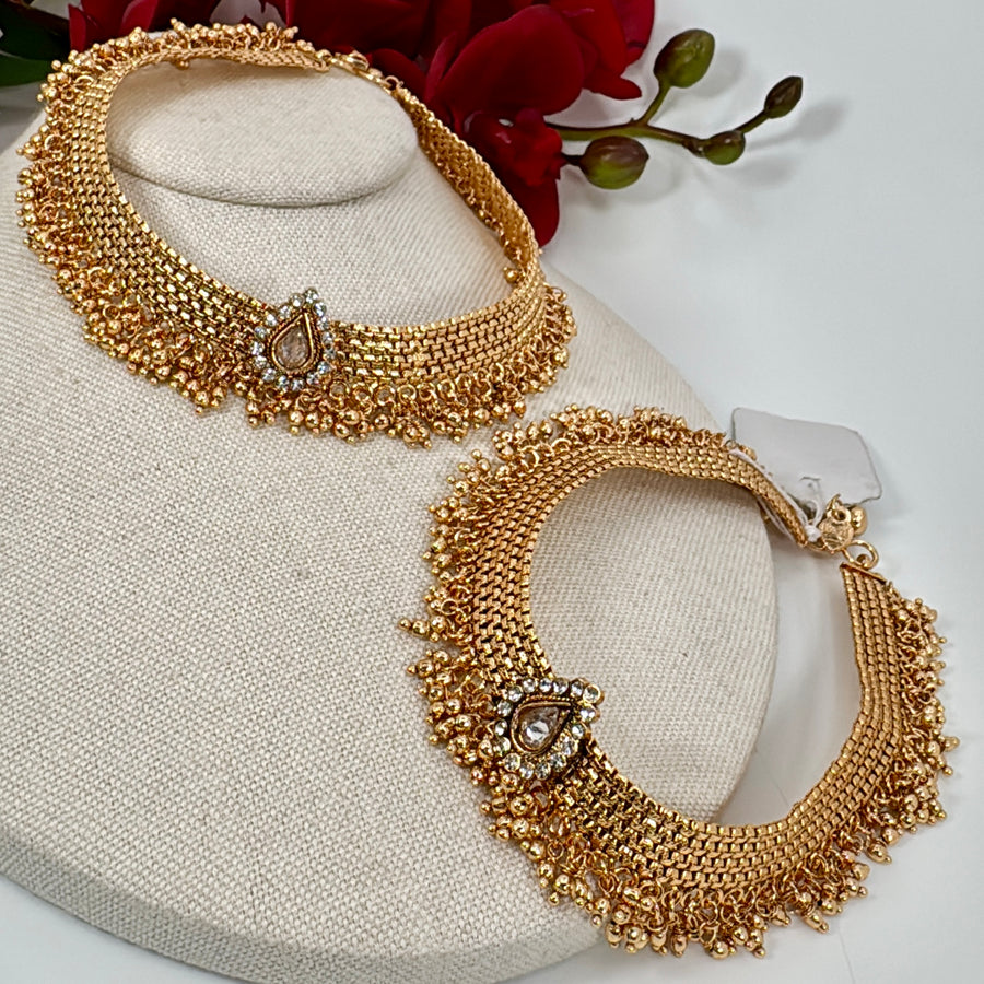 Clear Kundan Gold Anklet Pair