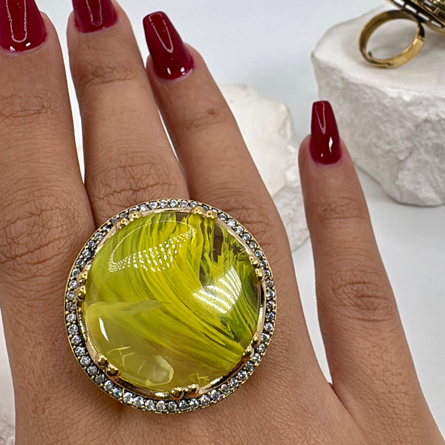 Yellow Doublet Marble Stone Vintage Statement Adjustable Finger Ring
