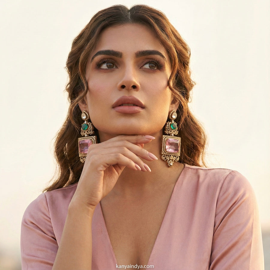 Pink Teal Moissanite Statement Earrings