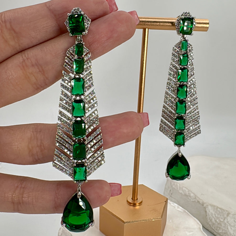 Green Lightweight American Diamonds Earrings (Length approx 3.5 inches)