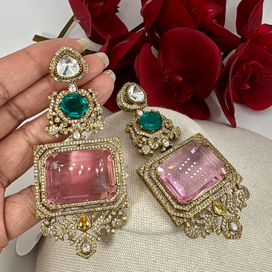 Pink Teal Moissanite Statement Earrings