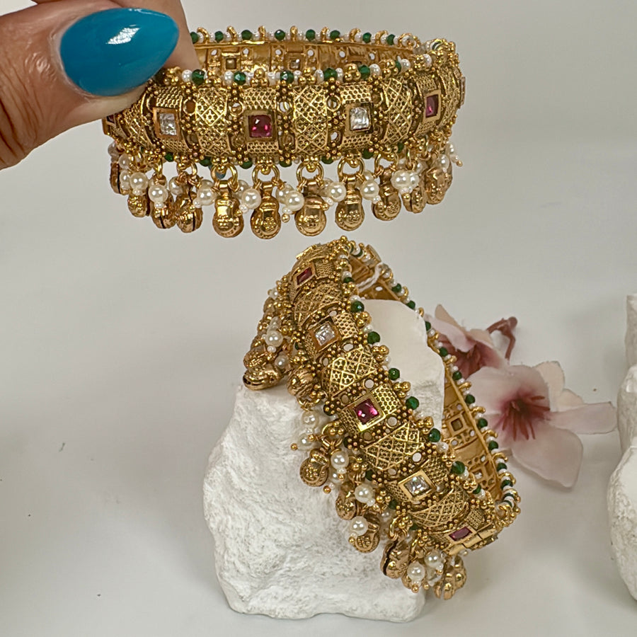 Multi Antique Gold Openable Bangle Pair(Size 2.4)