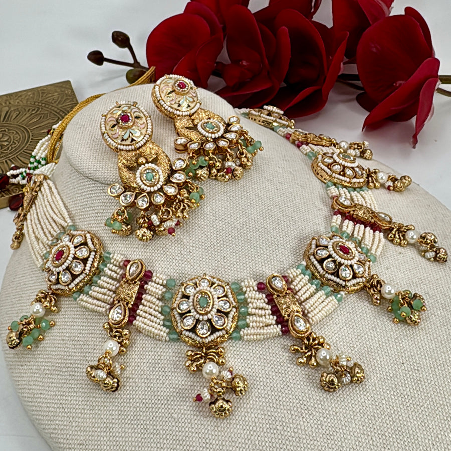 Mint Multi Antique Gold Heritage Rajwadi Kundan Necklace Set
